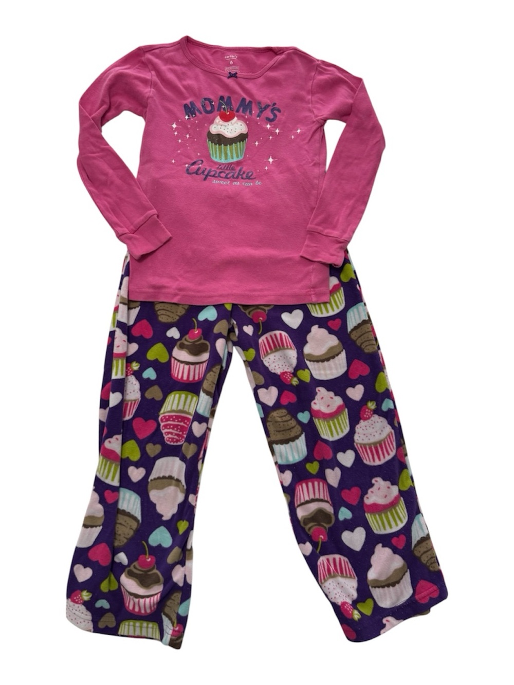 Carter's Hot Pink Long-Sleeve Cupcake Pajama Set w/ Purple Printed Pants Size 6
